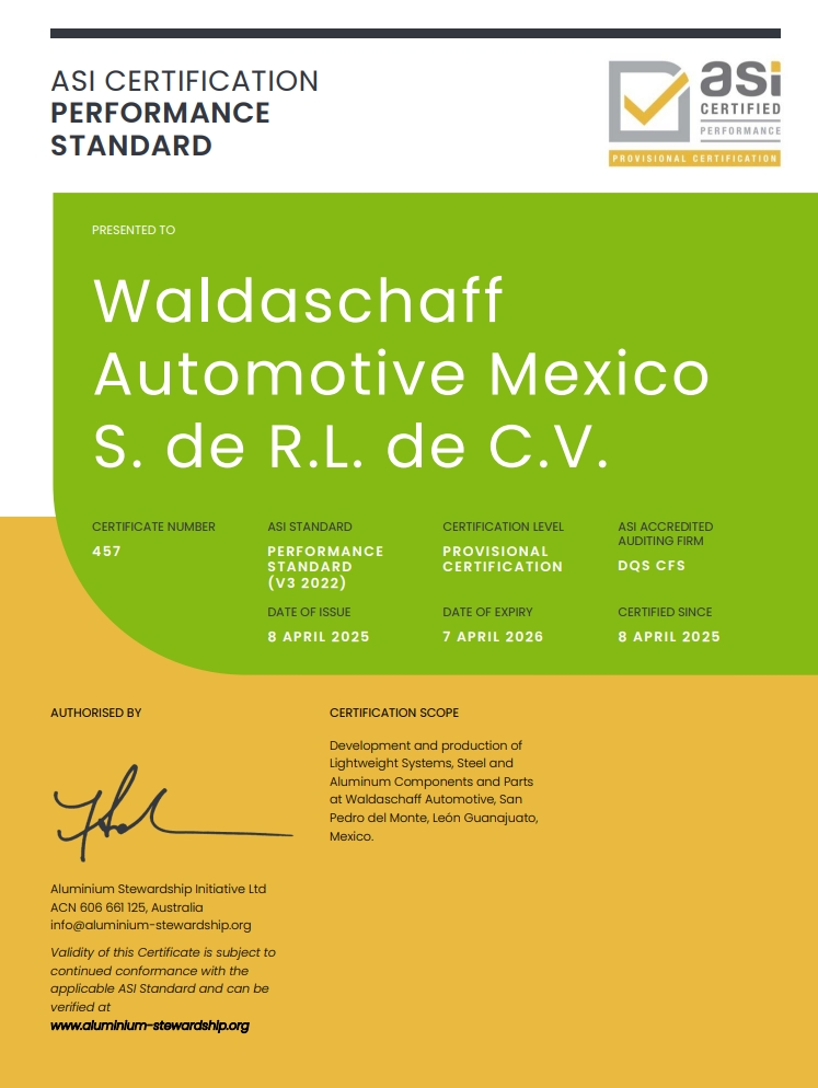 Waldaschaff汽车墨西哥有限公司通过铝业管理倡议ASI绩效标准V3临时认证