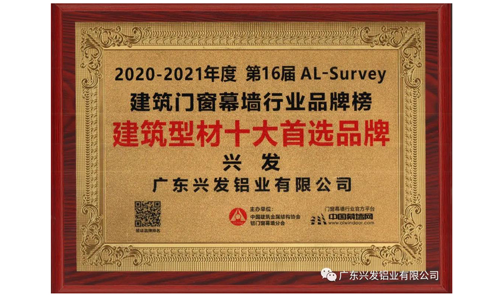 兴发铝业屡获“建筑型材十大首选品牌”称号