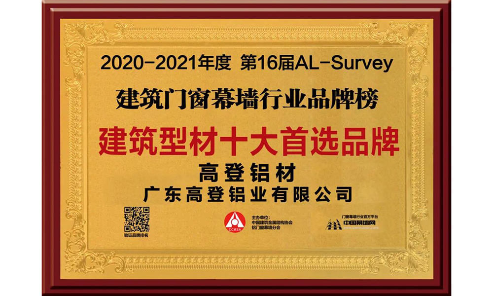 高登铝业连续九年获得“建筑型材十大首选品牌”殊荣！