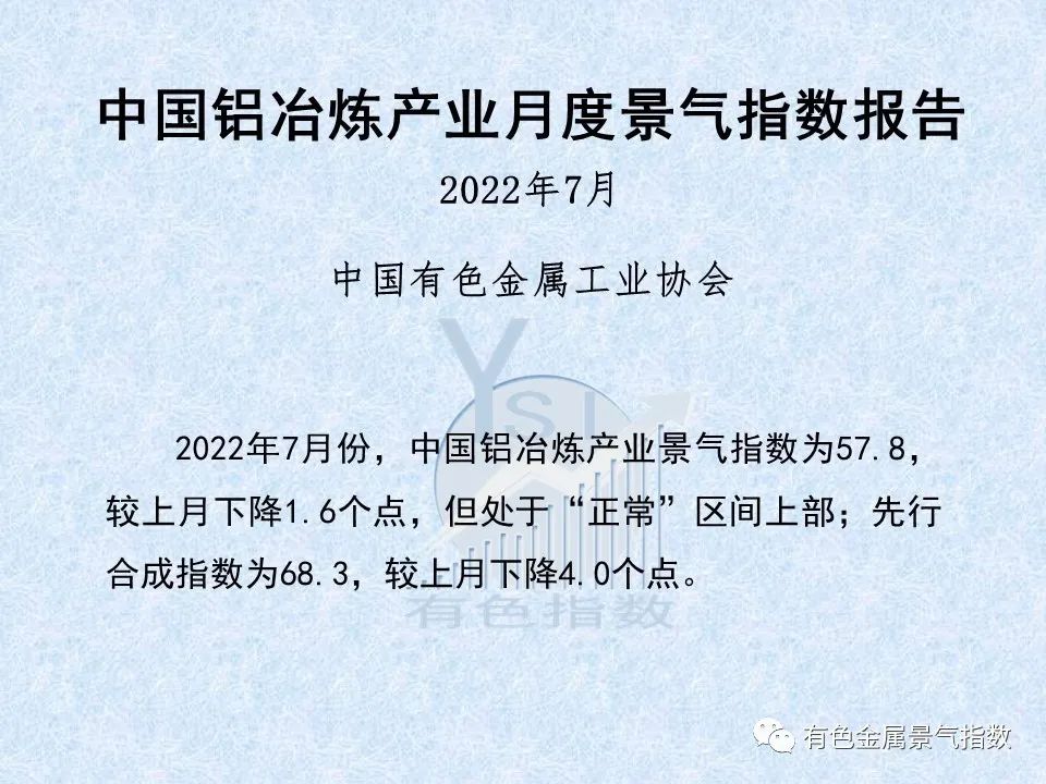 中国铝冶炼产业2022年7月景气指数报告