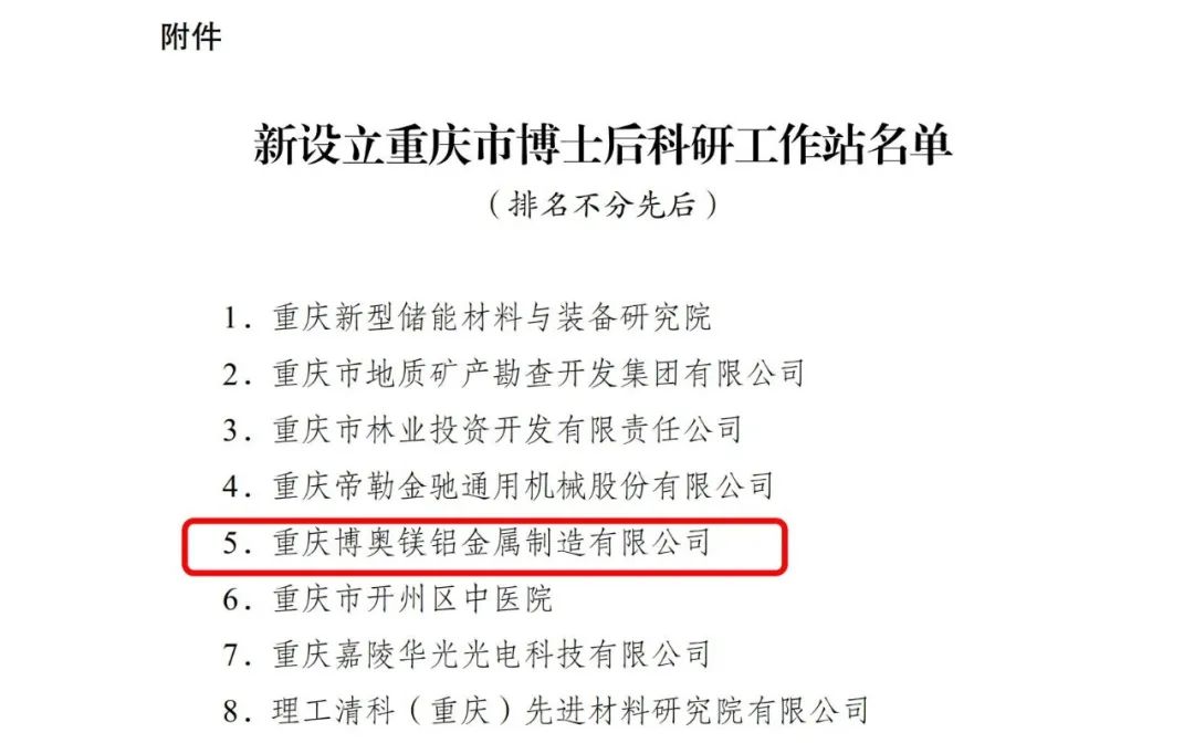 博奥镁铝获批重庆市博士后科研工作站
