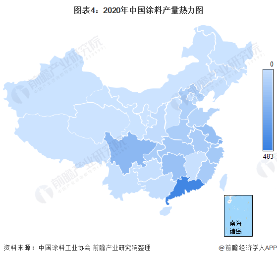 图表4：2020年中国涂料产量热力图